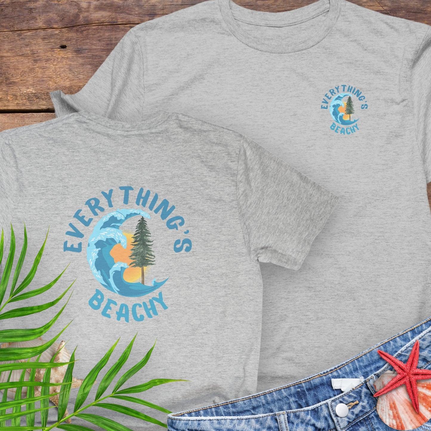 Gray t-shirts with Everything’s Beachy logo with wave, sun, and redwood graphic front and back.
