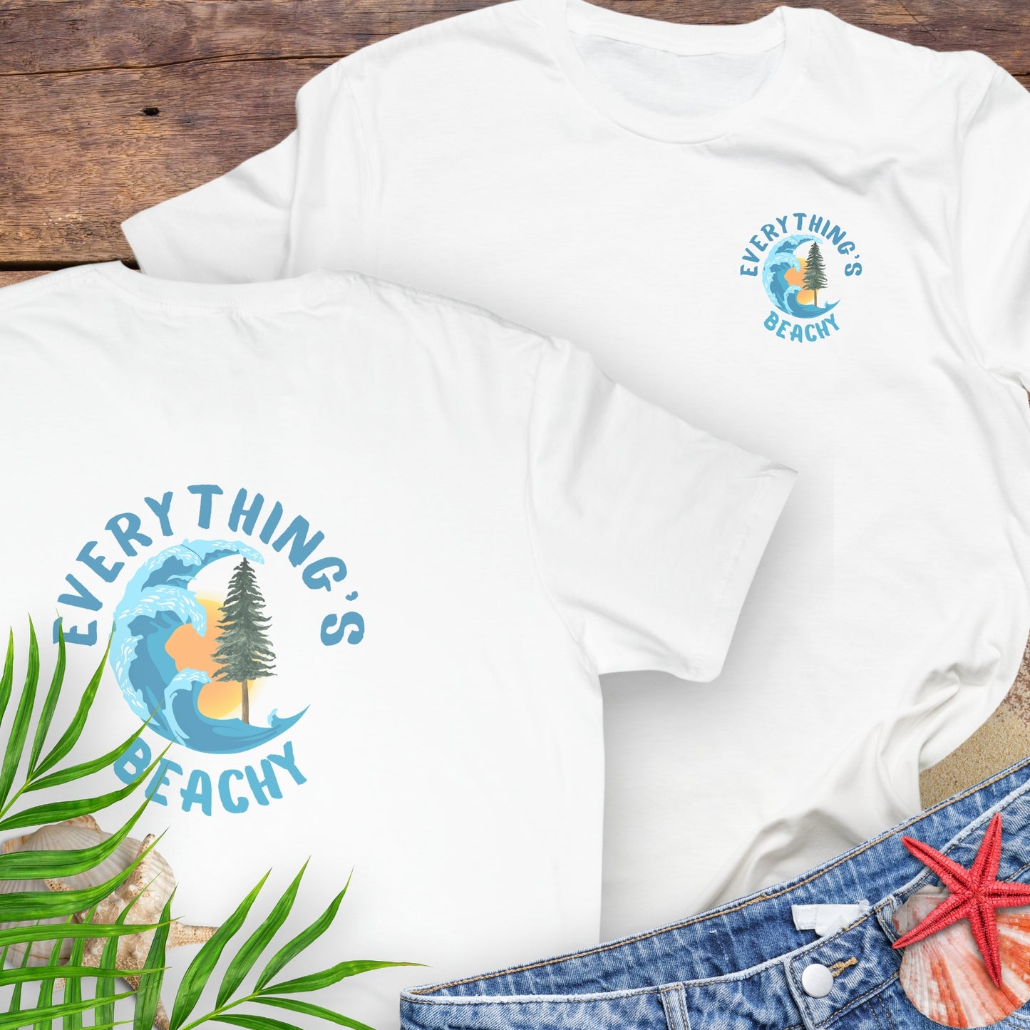 White t-shirt with Everything’s Beachy logo with wave, sun, and redwood graphic.