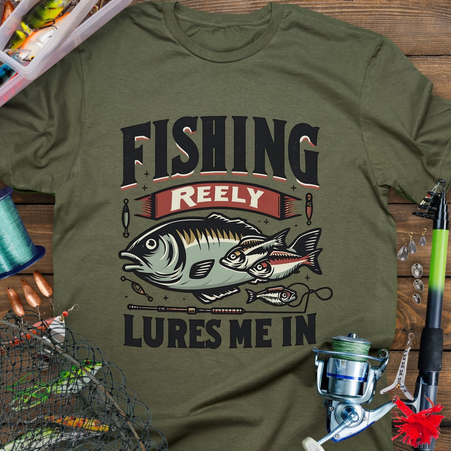 Military Green Unisex T-shirt featuring the phrase 'Fishing Reely Lures Me In' with a detailed graphic of a fish and fishing lures.