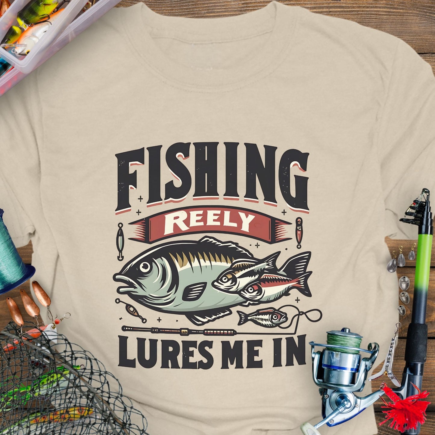 Natural Unisex T-shirt featuring the phrase 'Fishing Reely Lures Me In' with a detailed graphic of a fish and fishing lures. Perfect for anglers and fishing enthusiasts, this comfortable tee is great for casual wear, fishing trips, and outdoor adventures.