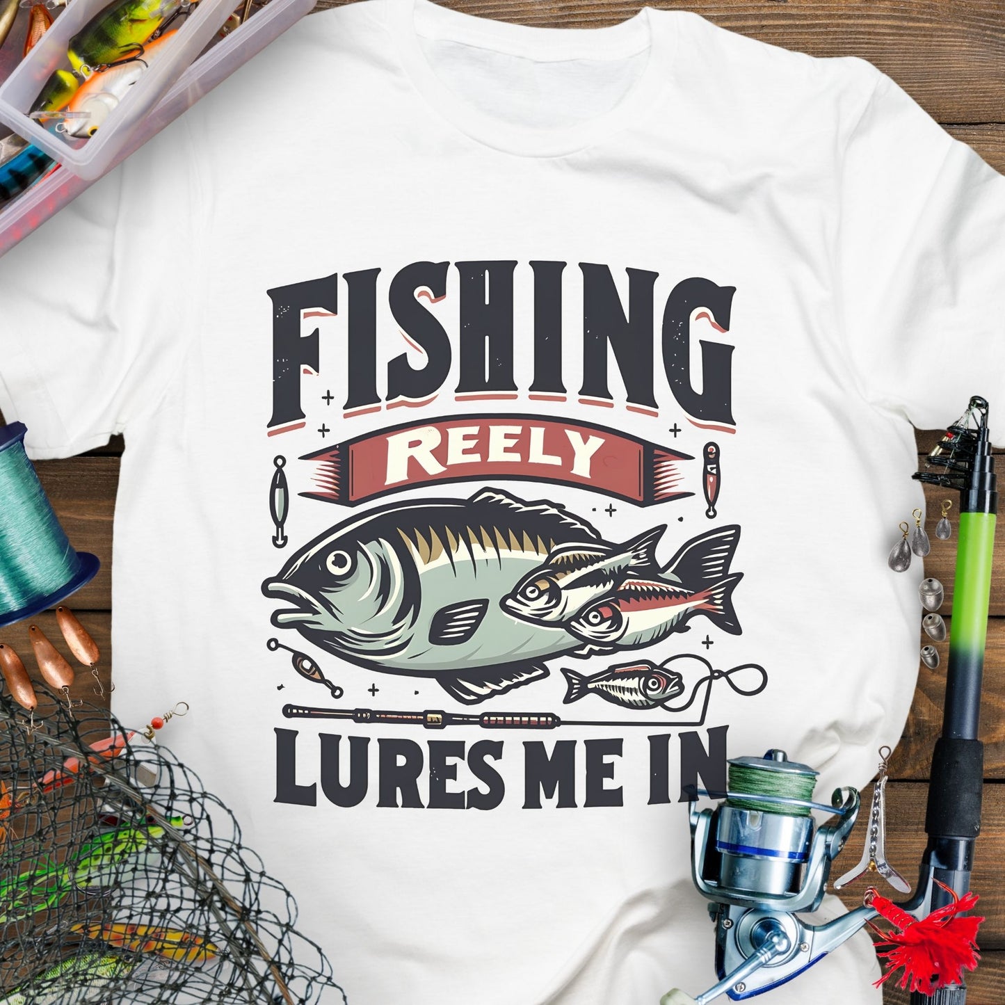 White Unisex T-shirt featuring the phrase 'Fishing Reely Lures Me In' with a detailed graphic of a fish and fishing lures. Perfect for anglers and fishing enthusiasts, this comfortable tee is great for casual wear, fishing trips, and outdoor adventures.