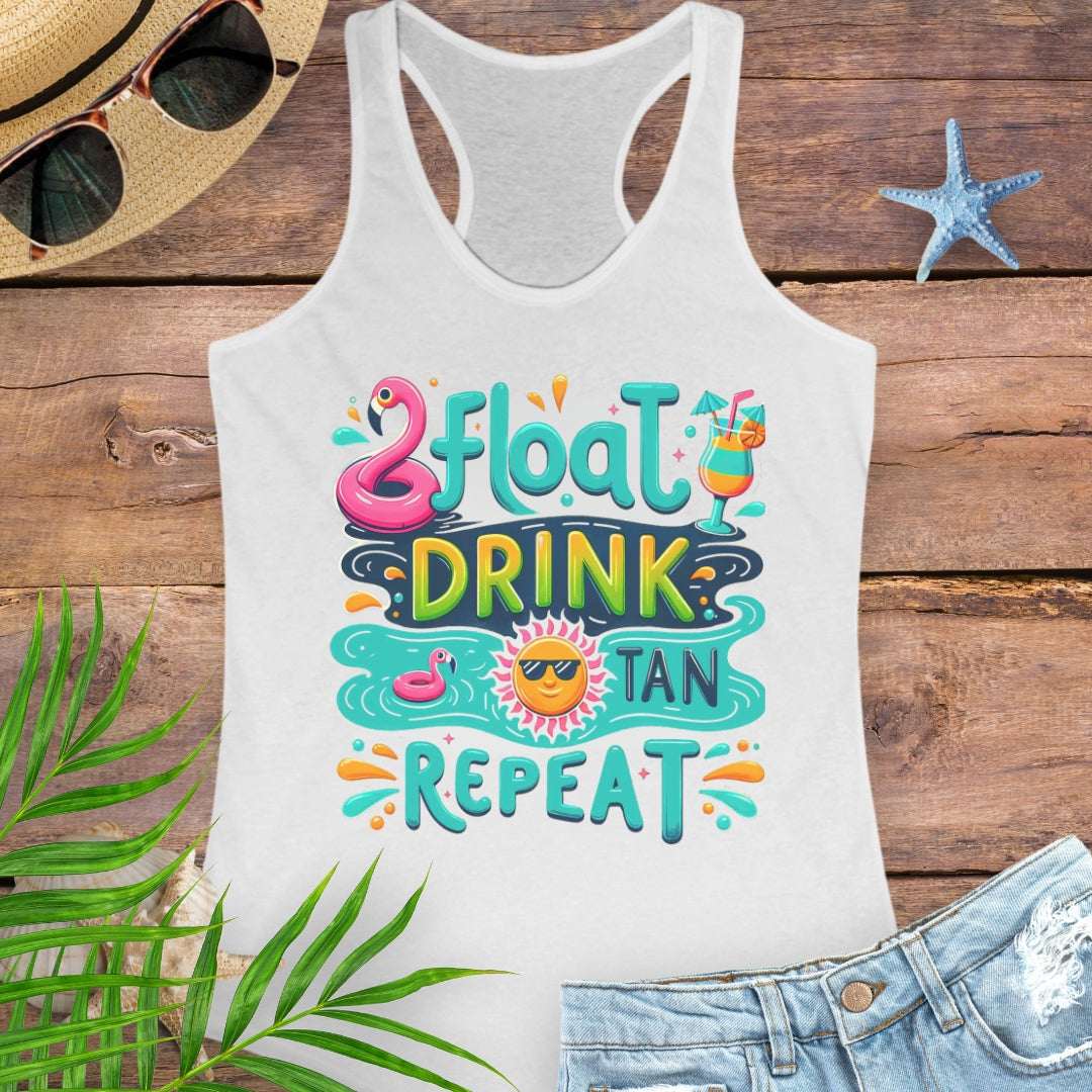White Float Drink Tan Repeat Racerback Tank featuring a fun, colorful design with a flamingo floaty, tropical cocktail, and a cool sun in shades.