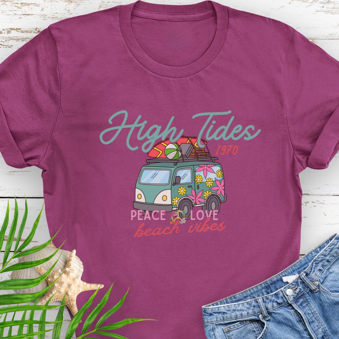 Antique Heliconia T-shirt with retro beach van and surf-inspired Peace Love design with phrase High Tides Beach Vibes.