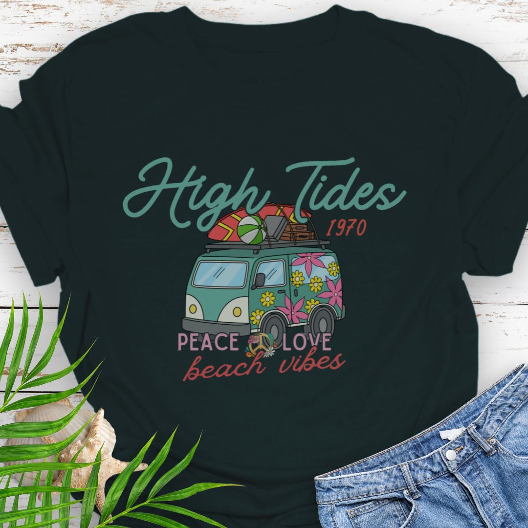 Black T-shirt with retro beach van and surf-inspired Peace Love design with phrase High Tides Beach Vibes.