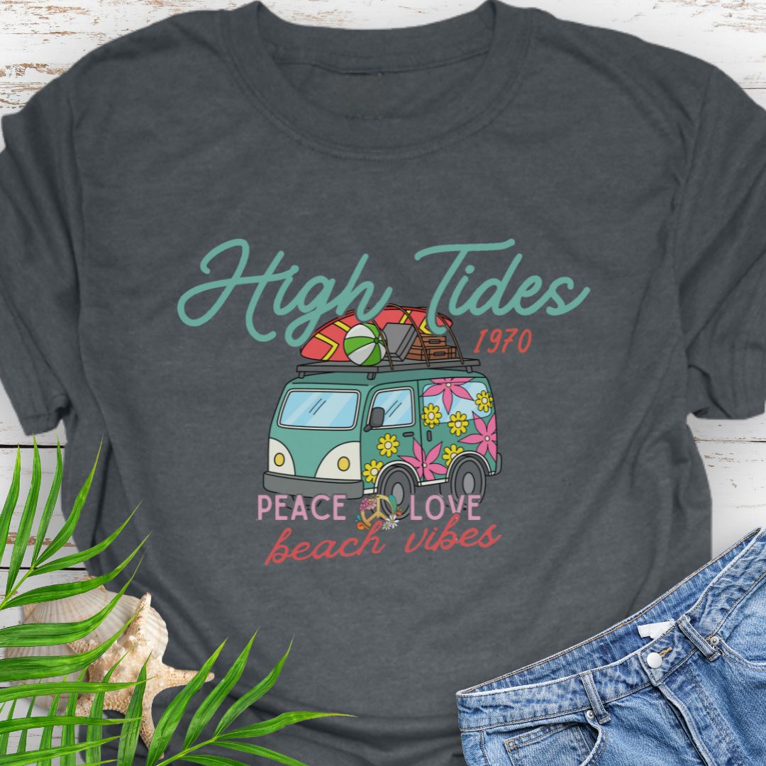Dark Heather T-shirt with retro beach van and surf-inspired Peace Love design with phrase High Tides Beach Vibes.