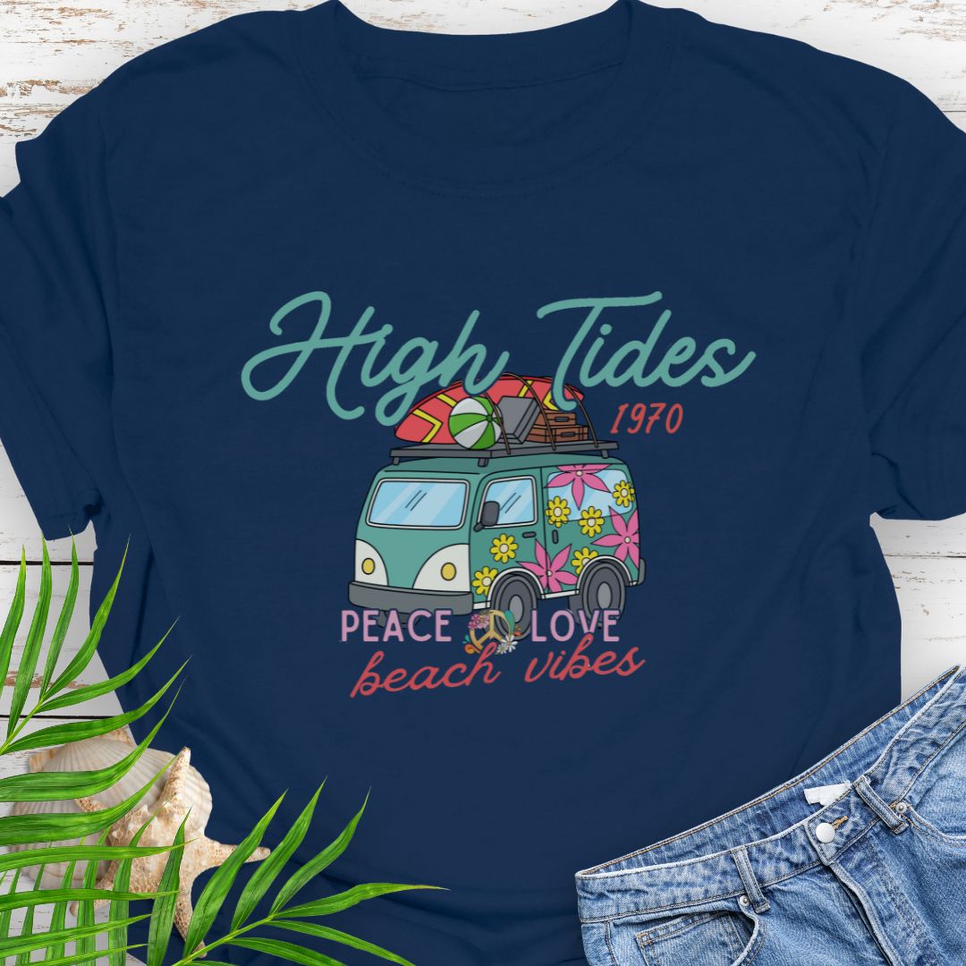 Navy T-shirt with retro beach van and surf-inspired Peace Love design with phrase High Tides Beach Vibes.