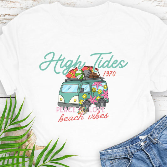 White T-shirt with retro beach van and surf-inspired Peace Love design with phrase High Tides Beach Vibes.