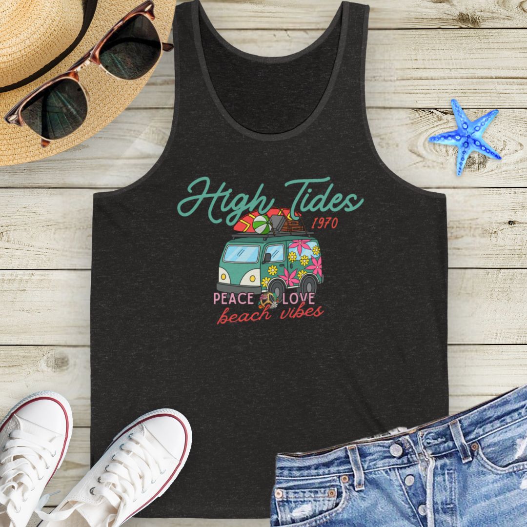 Charcoal black Unisex tank top with retro VW van, surfboards, and beach vibes design with phrase High Tides Beach Vibes.