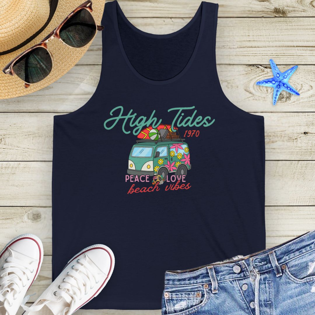 Navy Unisex tank top with retro VW van, surfboards, and beach vibes design with phrase High Tides Beach Vibes.