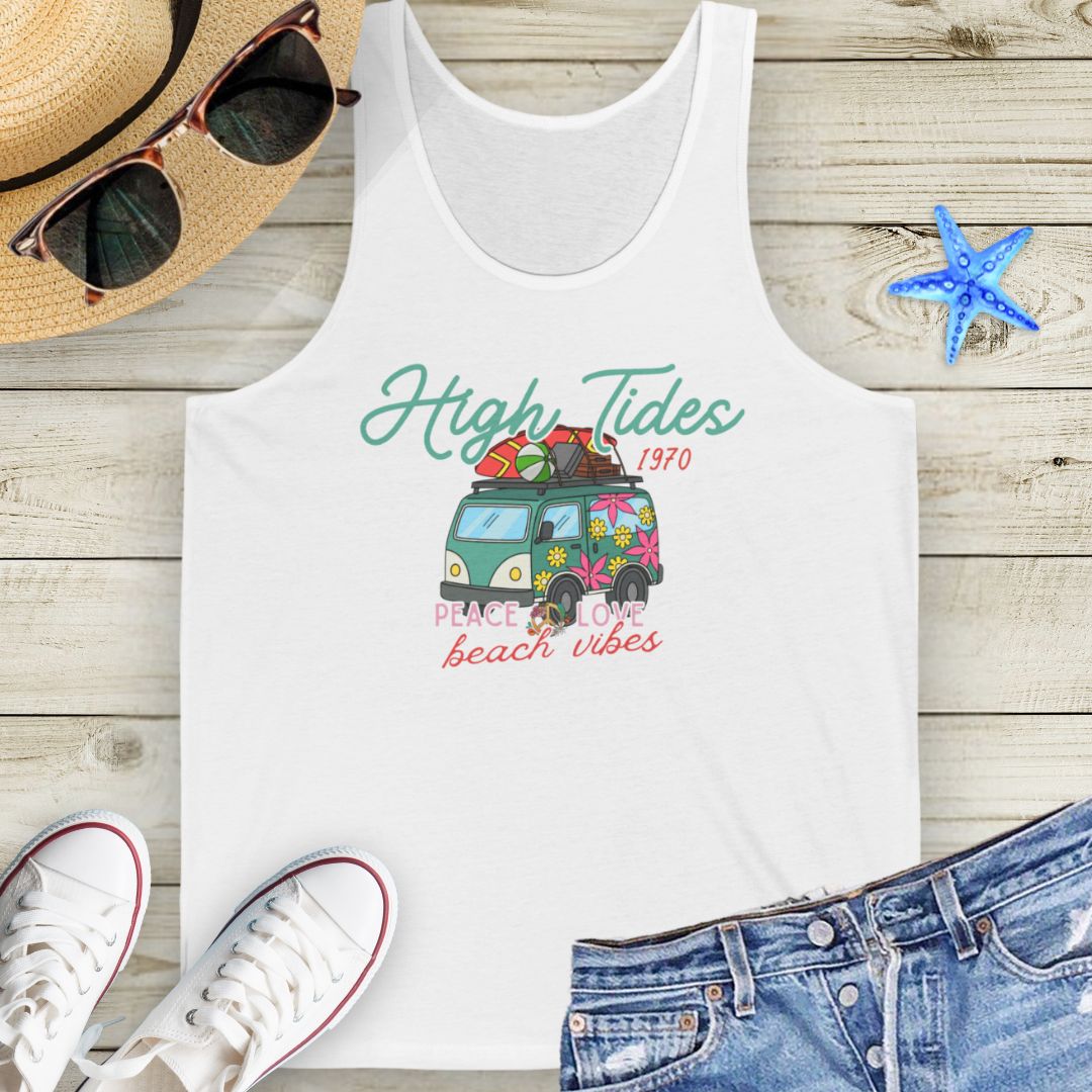 White Unisex tank top with retro VW van, surfboards, and beach vibes design with phrase High Tides Beach Vibes.