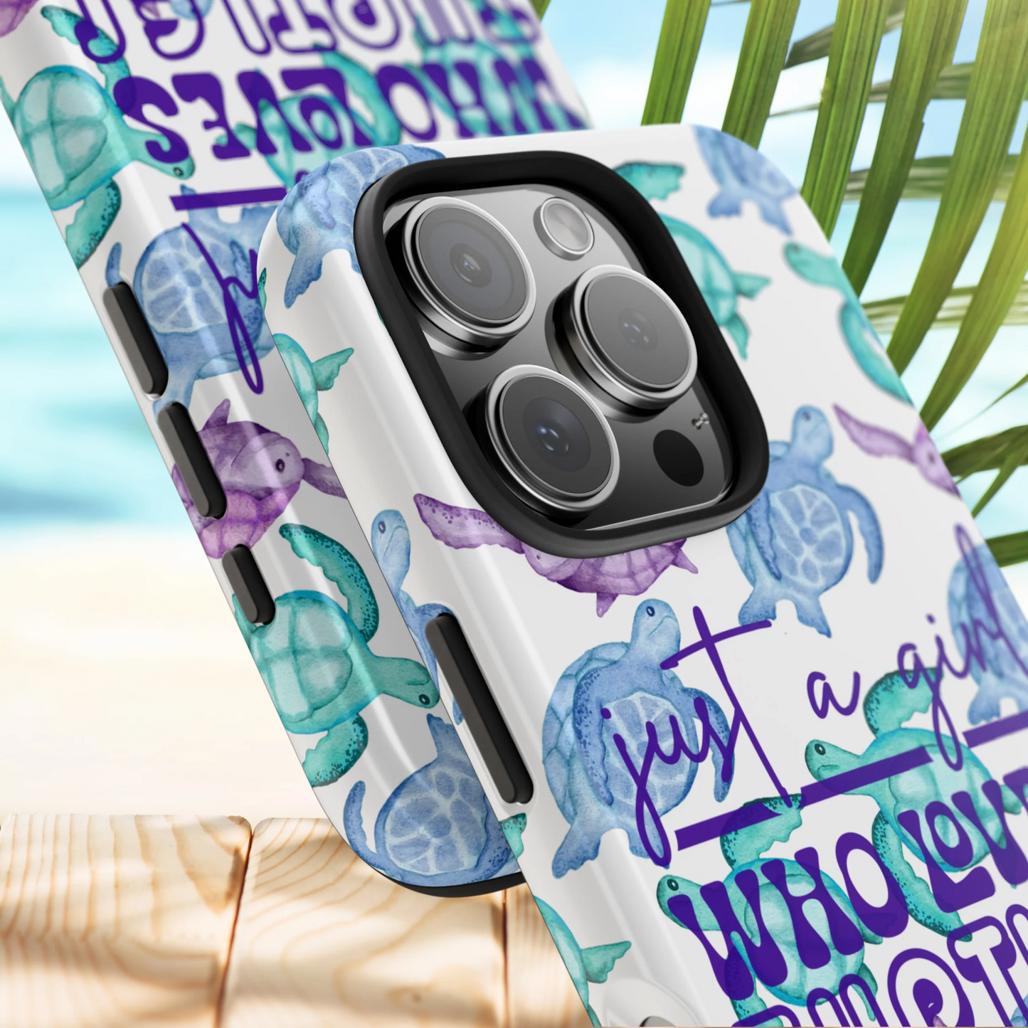 Phone case with sea turtle design and text on a beach background
