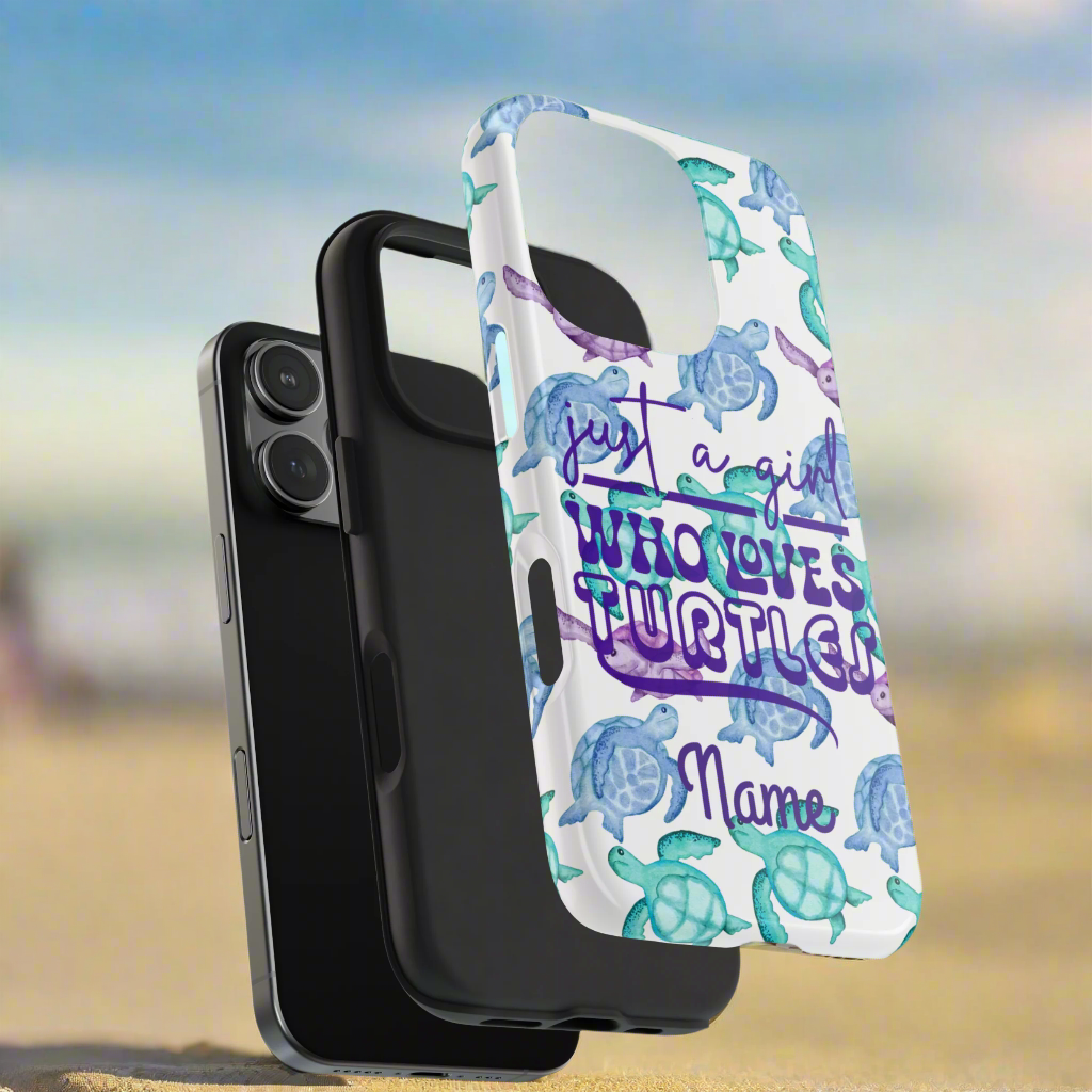 Phone case with sea turtle design and text on a beach background