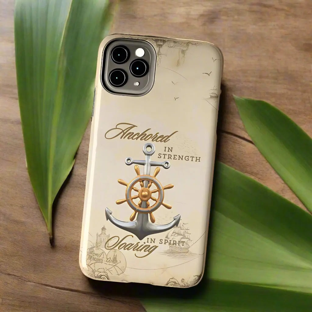 iPhone 11 Pro Max nautical map phone case with anchor with ship wheel and phrase Anchored Hearts Soaring Spirit design for iPhone and Samsung.
