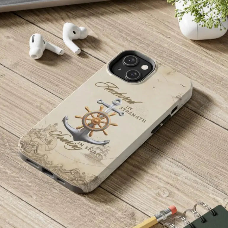 iPhone 14 nautical map phone case with anchor with ship wheel and phrase Anchored Hearts Soaring Spirit design for iPhone and Samsung.