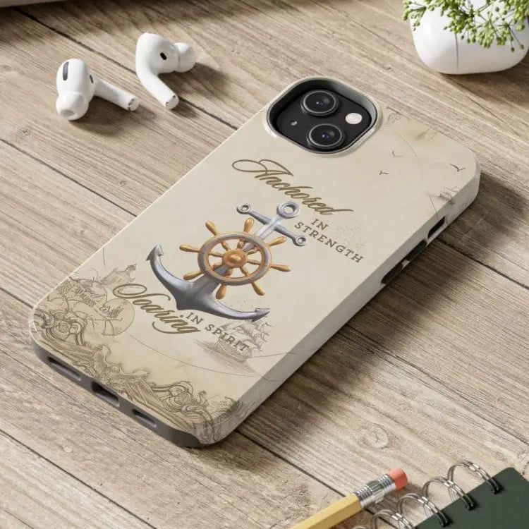 Iphone 14 Plus nautical map phone case with anchor with ship wheel and phrase Anchored Hearts Soaring Spirit design for iPhone and Samsung.