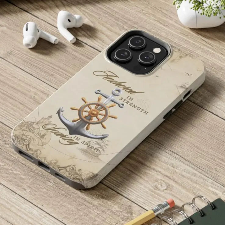 iPhone 14 Pro Max nautical map phone case with anchor with ship wheel and phrase Anchored Hearts Soaring Spirit design for iPhone and Samsung.