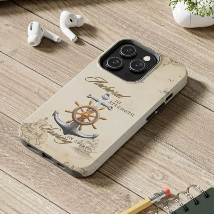 iPhone 14 Pro nautical map phone case with anchor with ship wheel and phrase Anchored Hearts Soaring Spirit design for iPhone and Samsung.