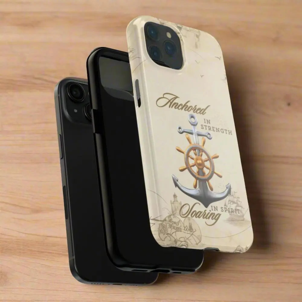 iPhone 15 Cell phone cover Silver Anchor with silver and gold ship wheel on top with text Anchored in strength Soaring in Spirit on beige nautical map background.