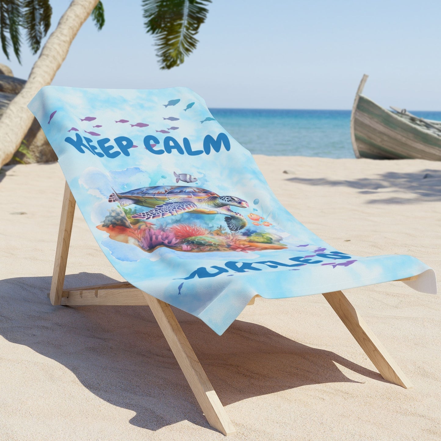 Light blue tie-dye beach towel with sea turtle and phrase “Stay Calm Turtle On”.