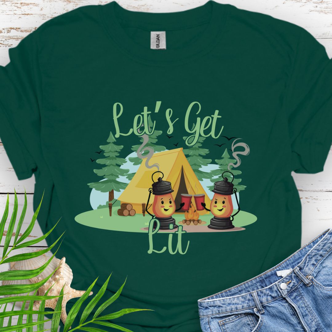 Forest Green funny campsite T-Shirt with laid-back party and bonfire vibe featuring camping lanterns toasting red cups with phrase Let's Get Lit.