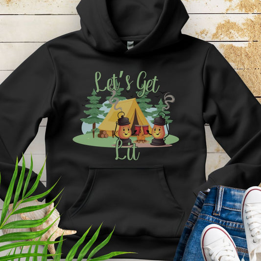 Black Let’s Get Lit Hoodie – Funny Camping Hoodie with camping lanterns toasting red cups at a campsite with the phrase "Let's Get Lit".