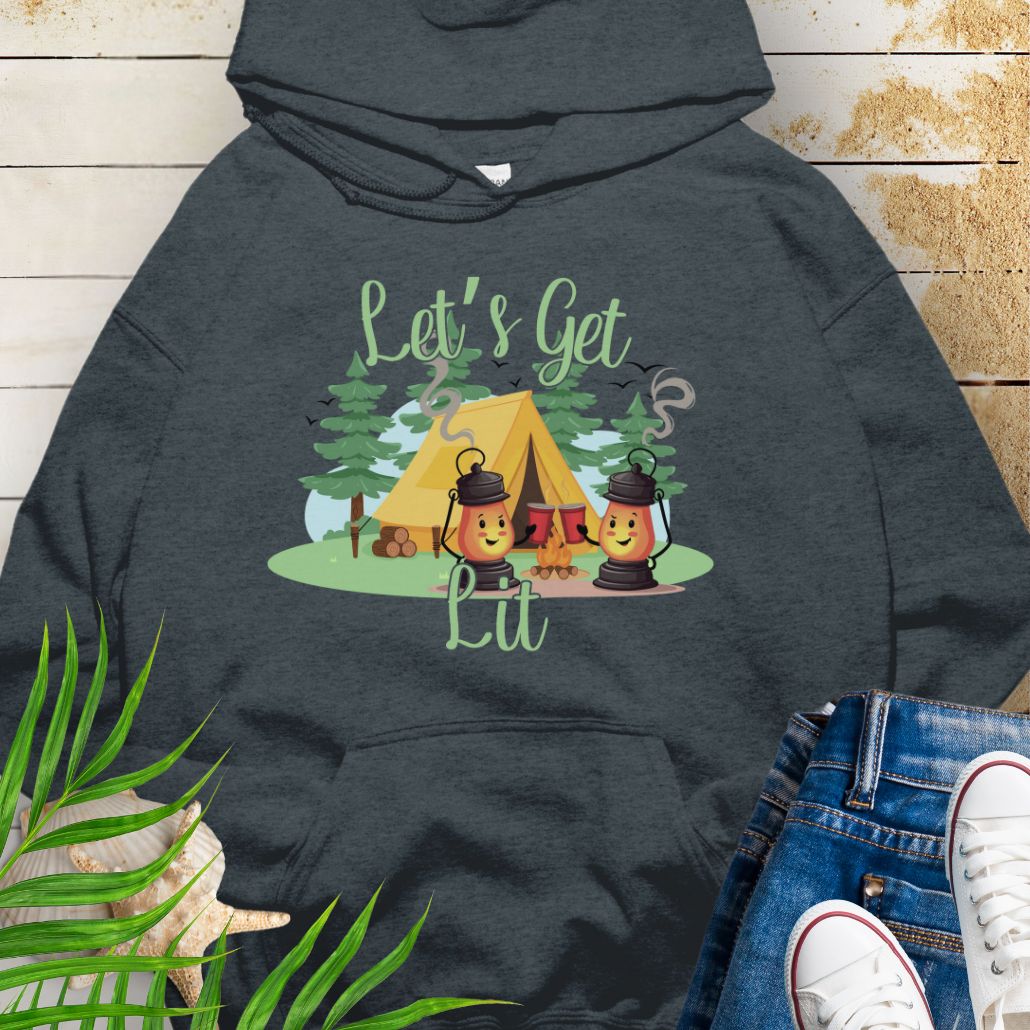Dark Heather Let’s Get Lit Hoodie – Funny Camping Hoodie with camping lanterns toasting red cups at a campsite with the phrase "Let's Get Lit".