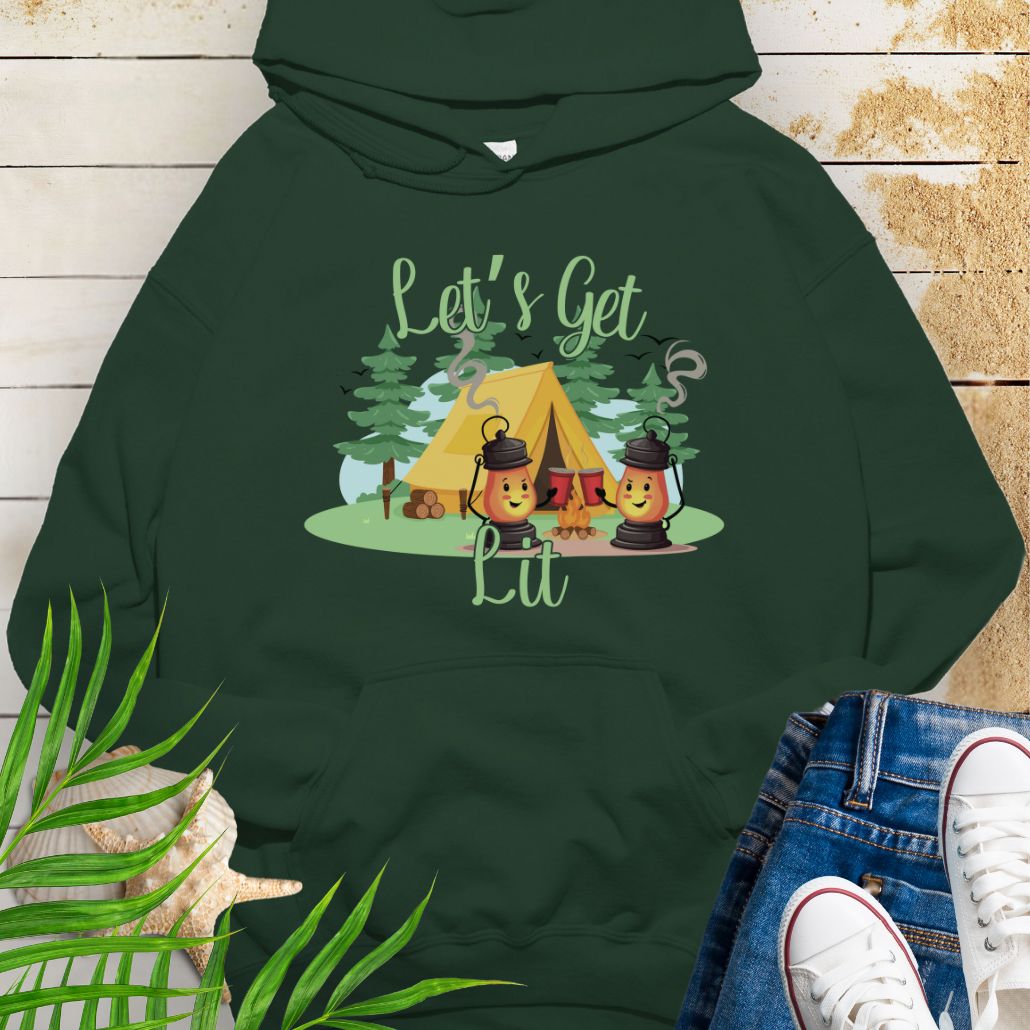 Forest Green Let’s Get Lit Hoodie – Funny Camping Hoodie with camping lanterns toasting red cups at a campsite with the phrase "Let's Get Lit".