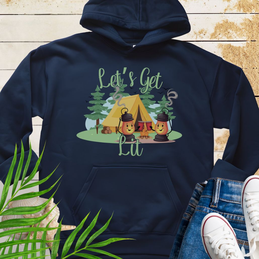 Navy Let’s Get Lit Hoodie – Funny Camping Hoodie with camping lanterns toasting red cups at a campsite with the phrase "Let's Get Lit".