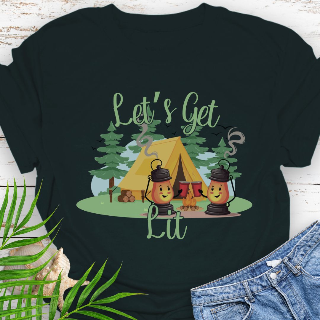 Black funny campsite T-Shirt with laid-back party and bonfire vibe featuring camping lanterns toasting red cups with phrase Let's Get Lit.