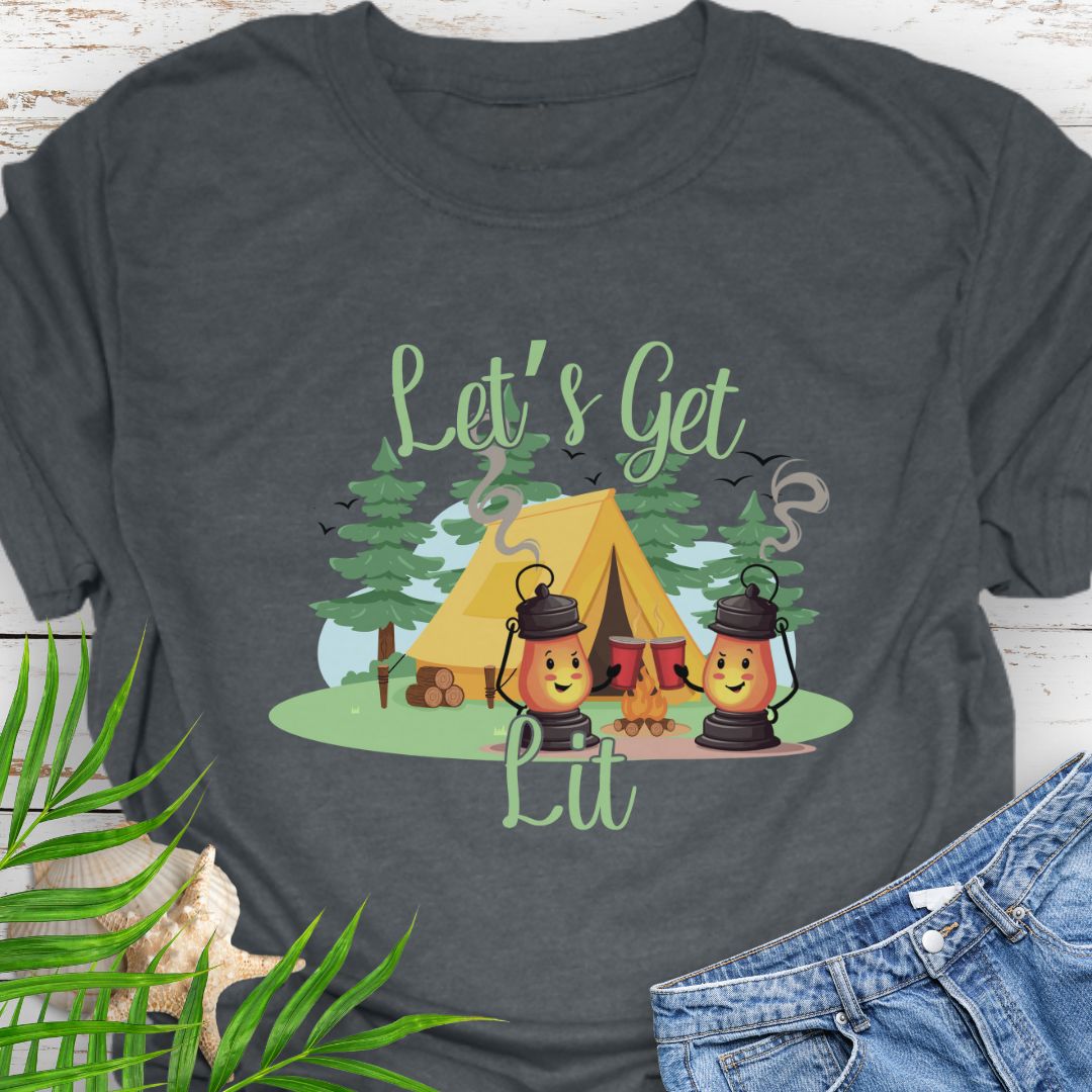 Dark Heather funny campsite T-Shirt with laid-back party and bonfire vibe featuring camping lanterns toasting red cups with phrase Let's Get Lit.