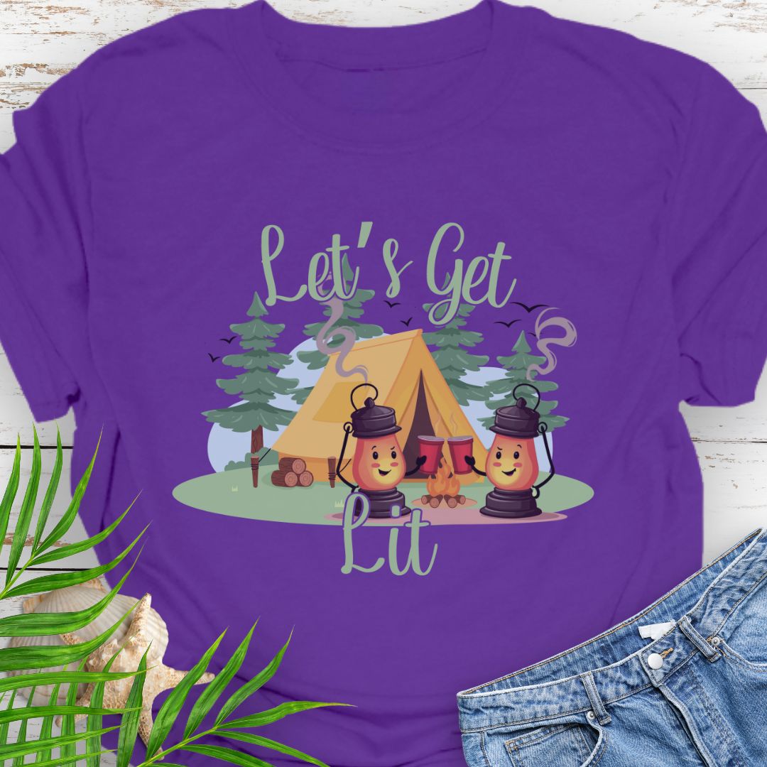 Purple funny campsite T-Shirt with laid-back party and bonfire vibe featuring camping lanterns toasting red cups with phrase Let's Get Lit.