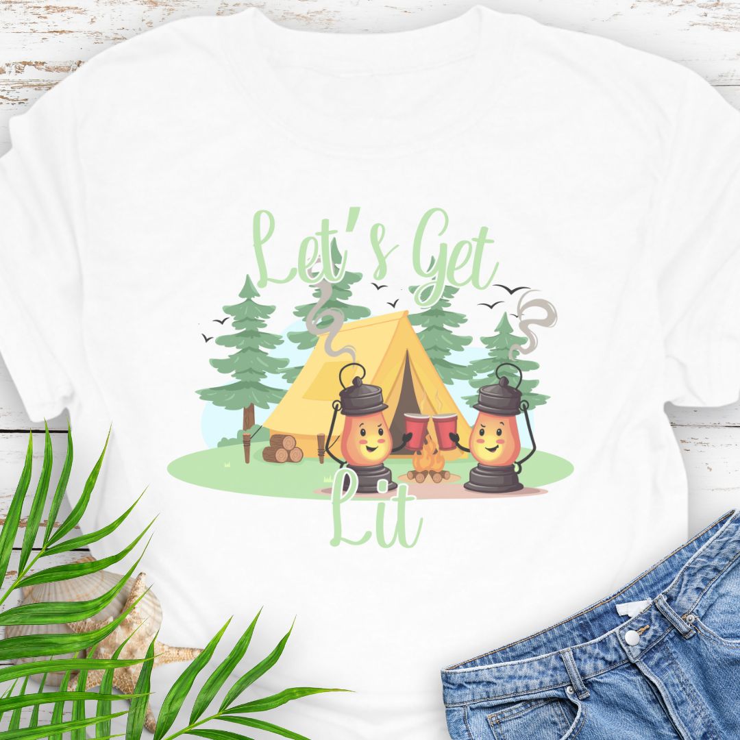 White funny campsite T-Shirt with laid-back party and bonfire vibe featuring camping lanterns toasting red cups with phrase Let's Get Lit.