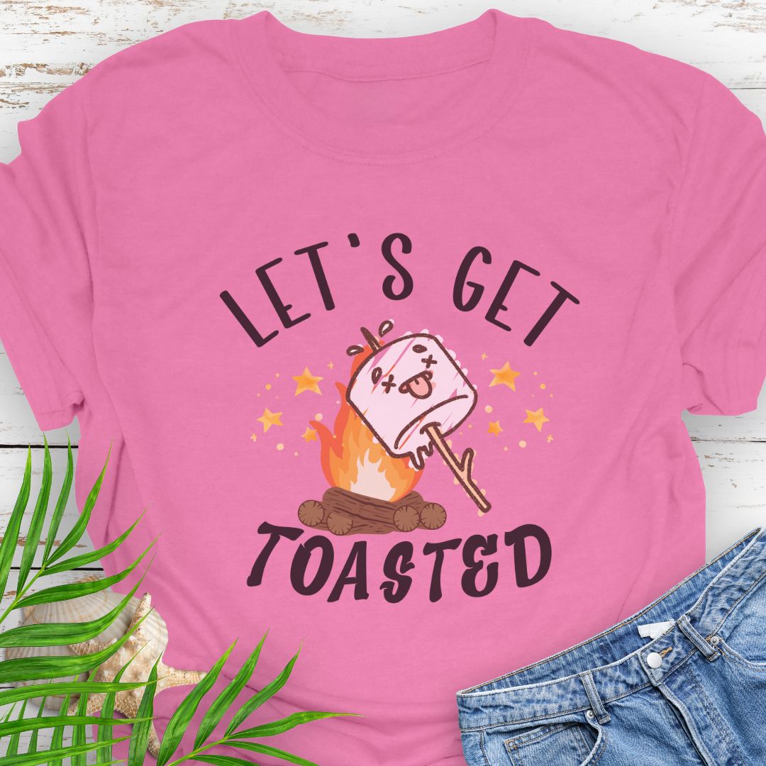 Azalea pink funny “Let’s Get Toasted” t-shirt with drunk s’more over a campfire for campers who love to party.