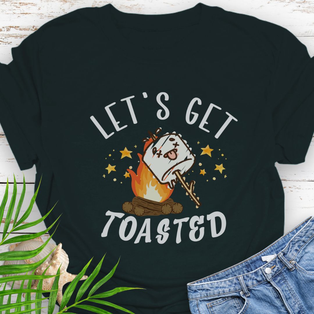 Black funny “Let’s Get Toasted” t-shirt with drunk s’more over a campfire for campers who love to party.