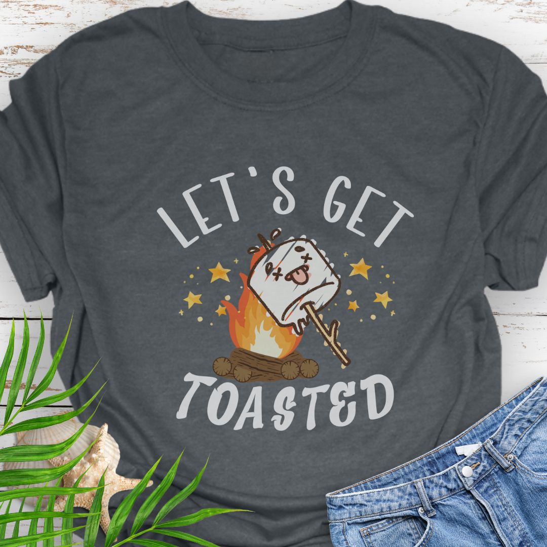 Dark Heather Gray funny “Let’s Get Toasted” t-shirt with drunk s’more over a campfire for campers who love to party.