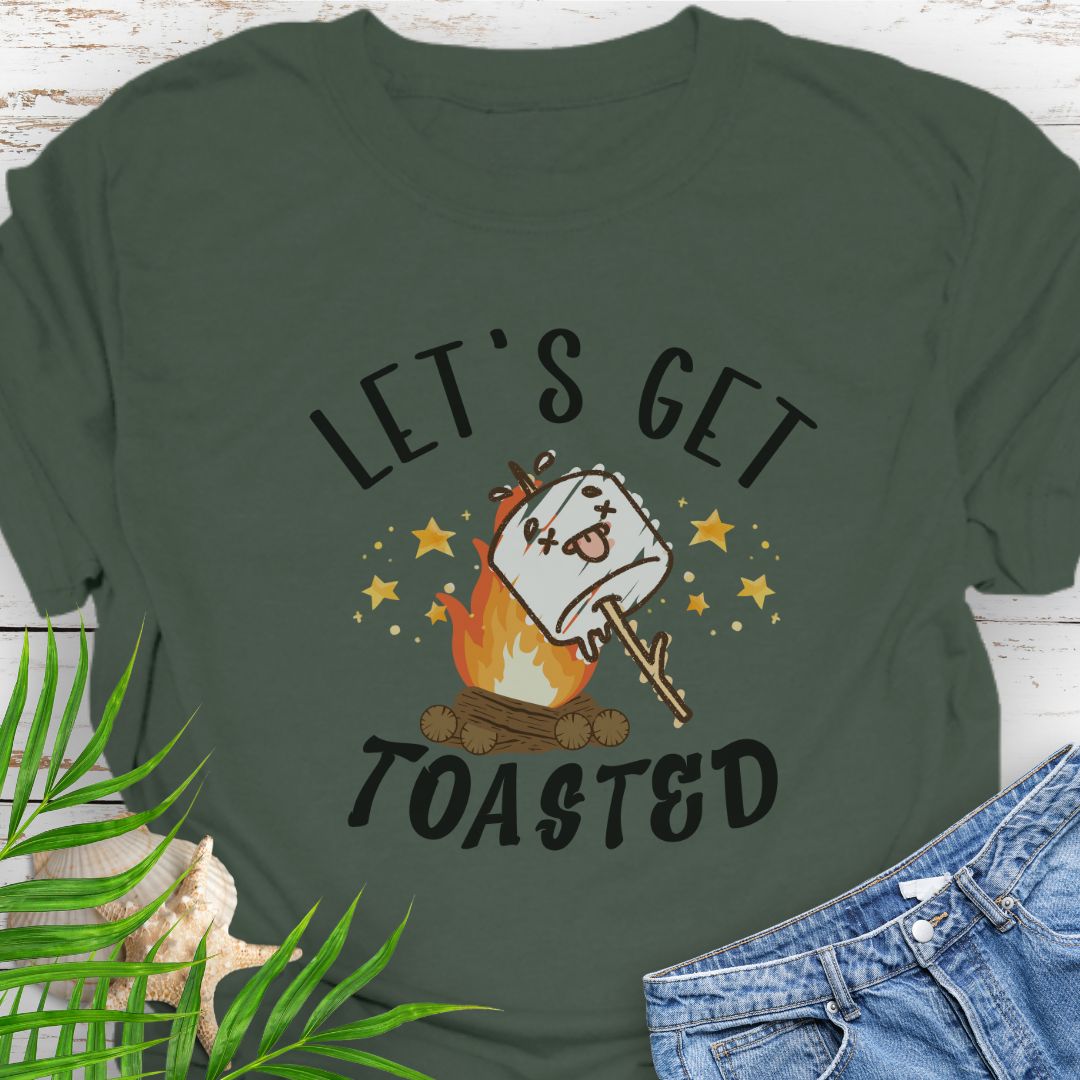 Military Green funny “Let’s Get Toasted” t-shirt with drunk s’more over a campfire for campers who love to party.