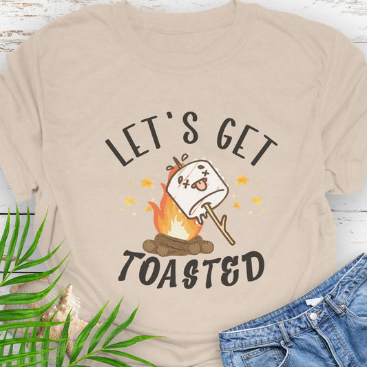 Natural funny “Let’s Get Toasted” t-shirt with drunk s’more over a campfire for campers who love to party.