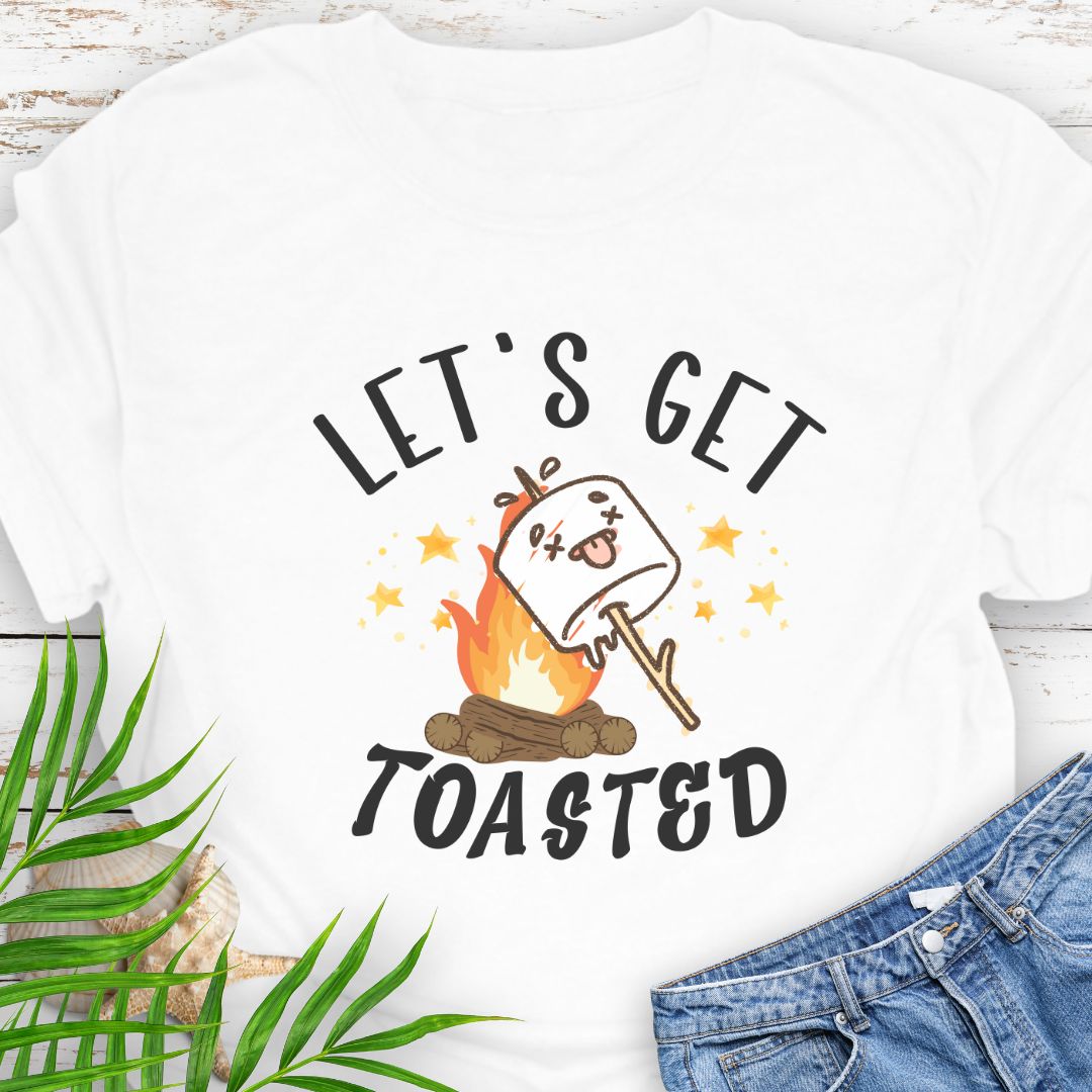 White funny “Let’s Get Toasted” t-shirt with drunk s’more over a campfire for campers who love to party.