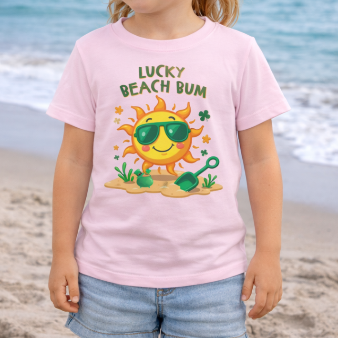 Child wearing a pink t-shirt with a sun graphic and 'Lucky Beach Bum' text on a beach.