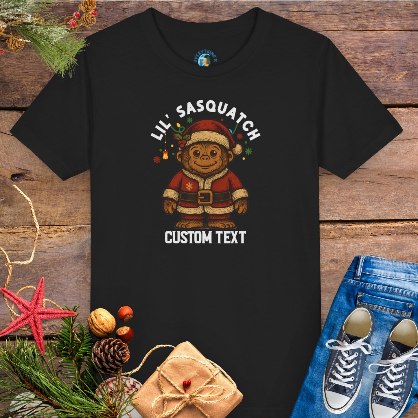 Black t-shirt with 'Lil' Sasquatch' custom text group family Christmas tee.