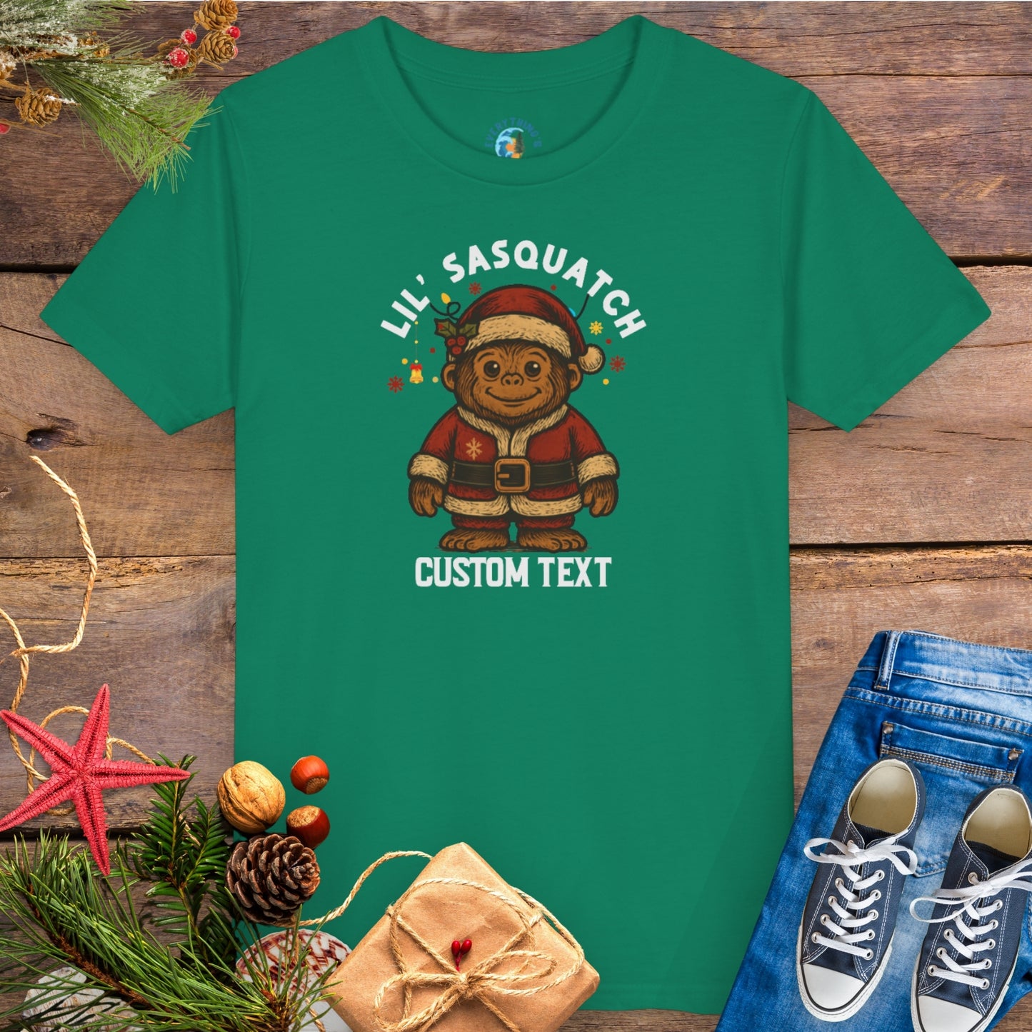 Green t-shirt with 'Lil' Sasquatch' custom text group family Christmas tee.