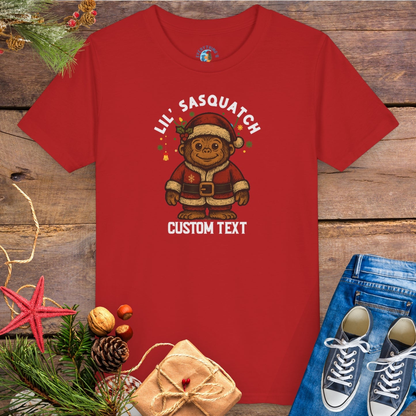 Red t-shirt with 'Lil' Sasquatch' custom text group family Christmas tee.
