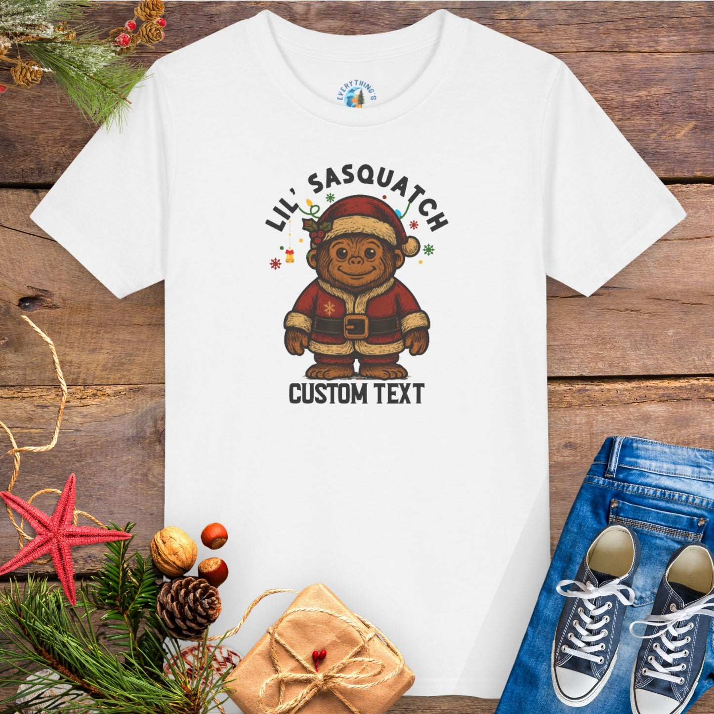 White t-shirt with 'Lil' Sasquatch' custom text group family Christmas tee.