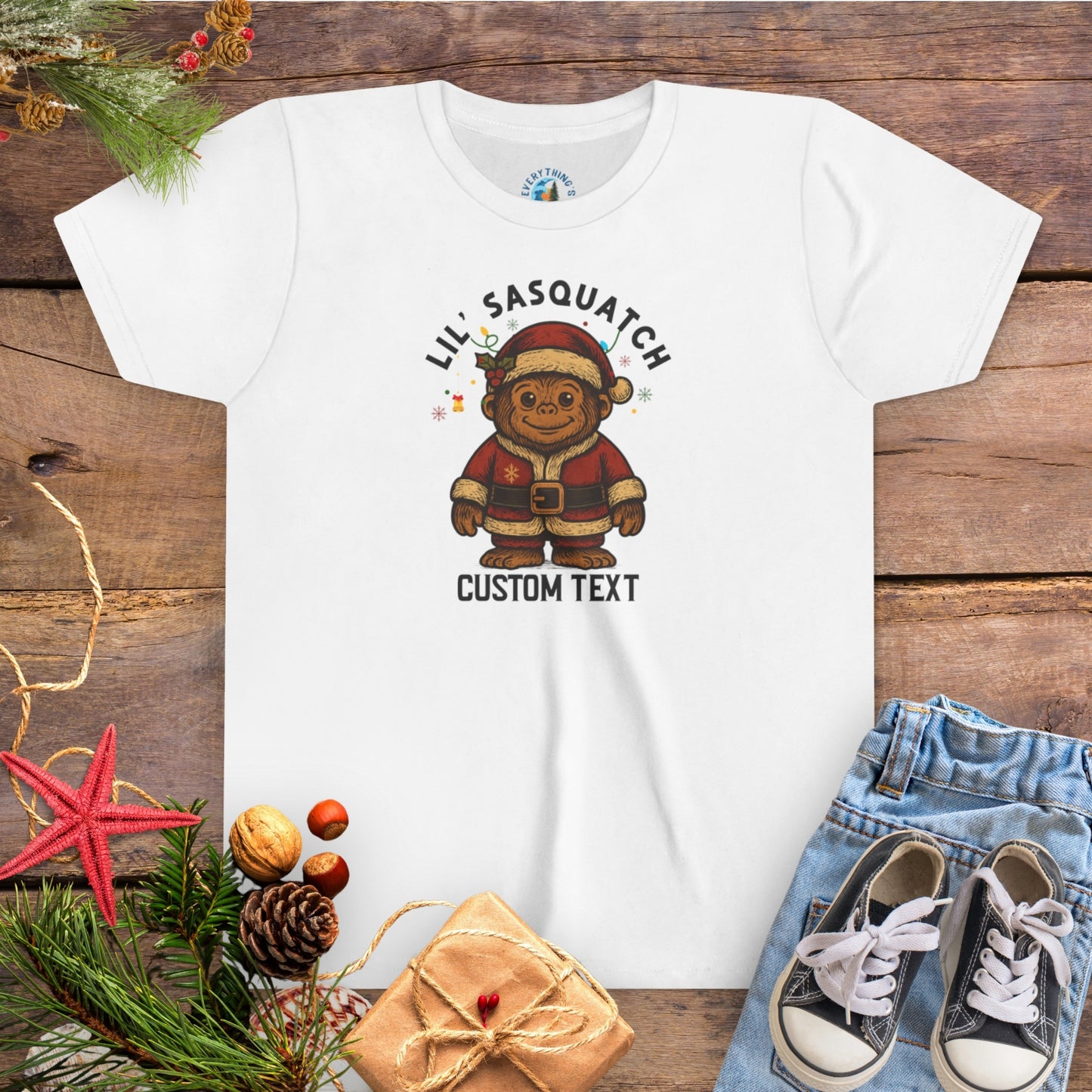 White t-shirt with 'Lil' Sasquatch' custom text group family Christmas tee.