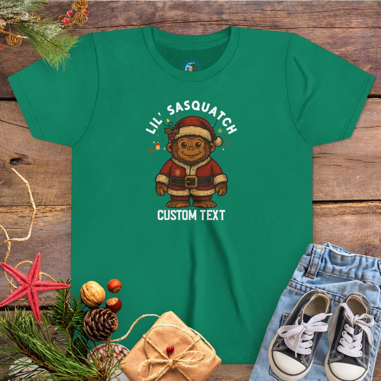 Green t-shirt with 'Lil' Sasquatch' custom text group family Christmas tee.