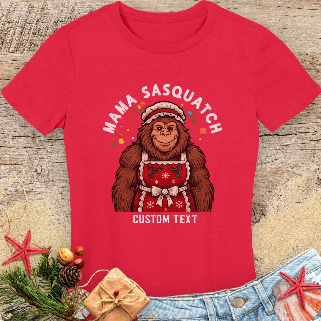 Red t-shirt with 'Mama Sasquatch' graphic with custom text.