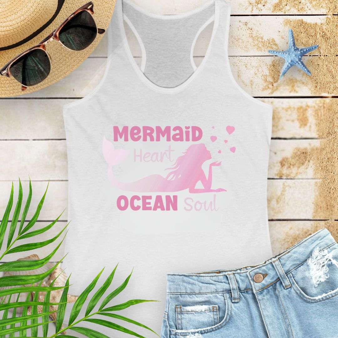 White racerback tank top with mermaid blowing heart bubbles with the phrase Mermaid Heart Ocean Soul -inspired beachy vibe and ocean soul energy, perfect for summer adventures and ocean lovers.
