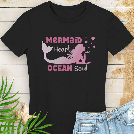 Black women's beachy t-shirt with a  design of a mermaid blowing heart bubbles in gradient pink with the phrase Mermaid Heart Ocean Soul - for ocean lovers, perfect for summer vacations and dreamy coastal vibes.
