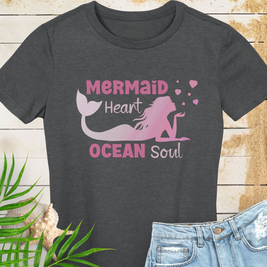 Dark heather women's beachy t-shirt with a design of a mermaid blowing heart bubbles in gradient pink with the phrase Mermaid Heart Ocean Soul - for ocean lovers, perfect for summer vacations and dreamy coastal vibes.