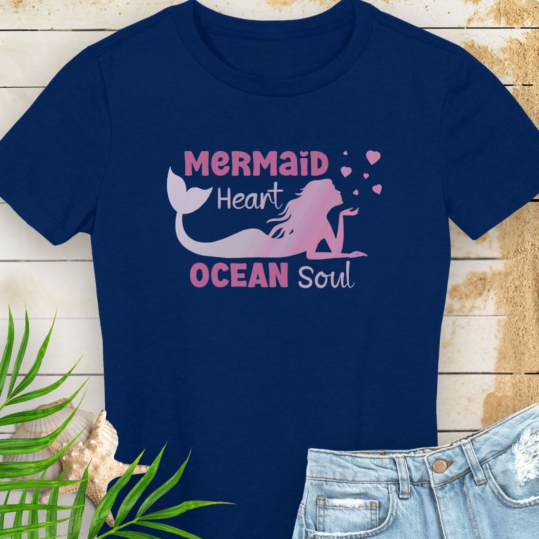 Navy blue women's beachy t-shirt with a design of a mermaid blowing heart bubbles in gradient pink with the phrase Mermaid Heart Ocean Soul - for ocean lovers, perfect for summer vacations and dreamy coastal vibes.